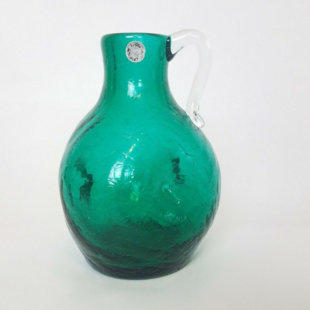 Mid Century Green Pinched Crackle Glass 6" Jug